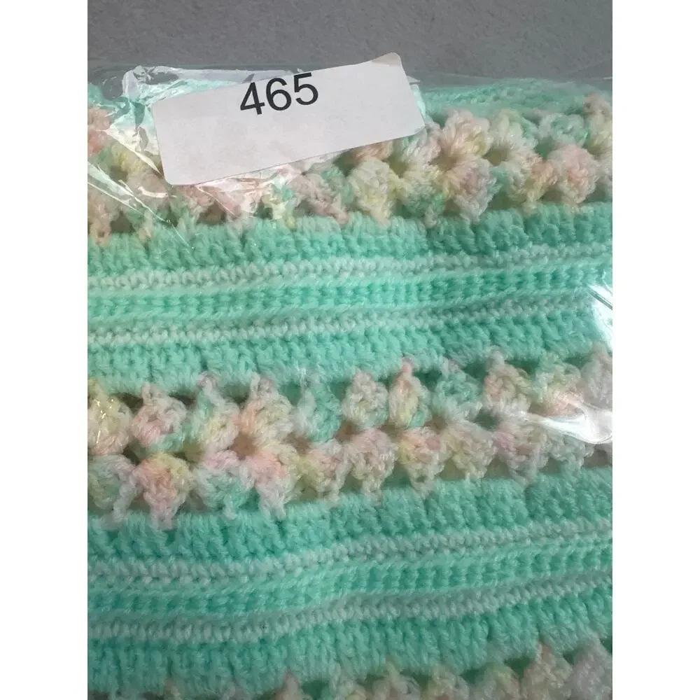 VTG Handmade Crochet Baby Blanket 42x32 Mint Green Pink Pastel Afghan Scallop